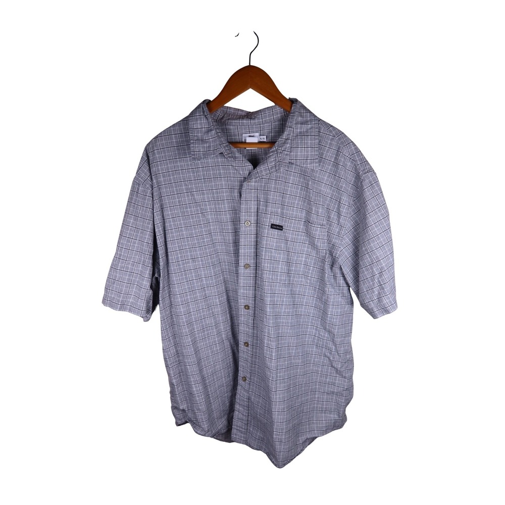 Calvin Klein Sport Mens XL Gray Blue Plaid Short Sleeve Button Up Shirt Pocket